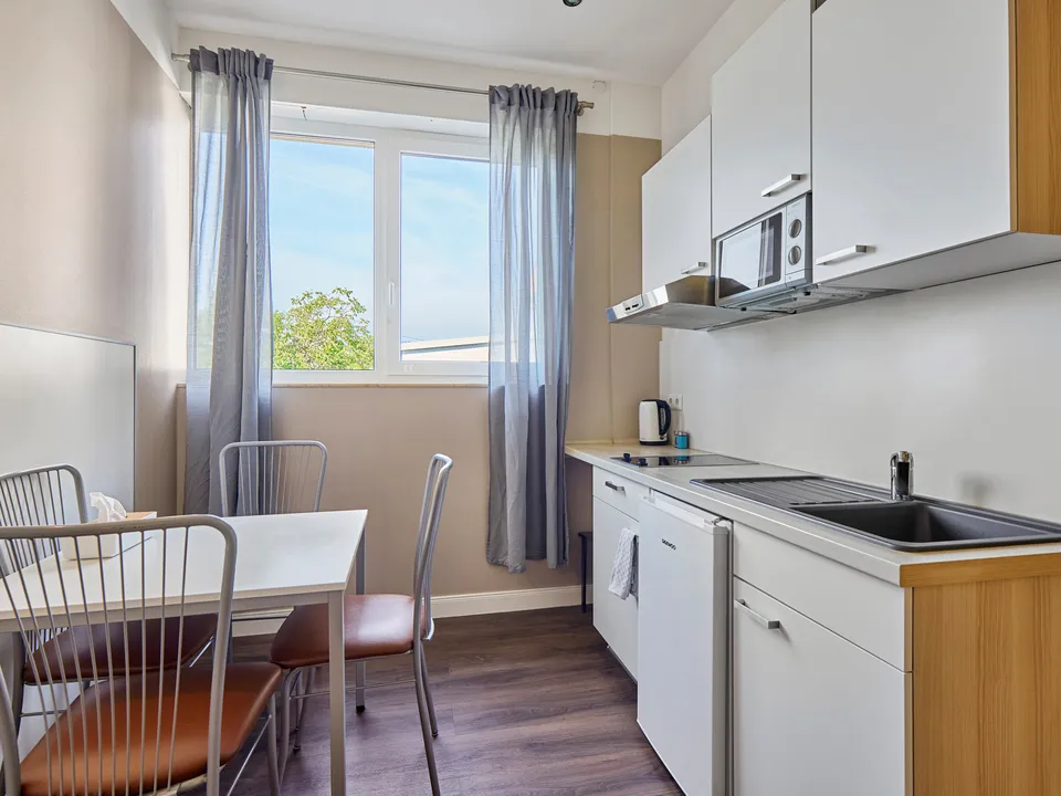 Küchenzeile mit Kochfeld und Spüle im Apartment