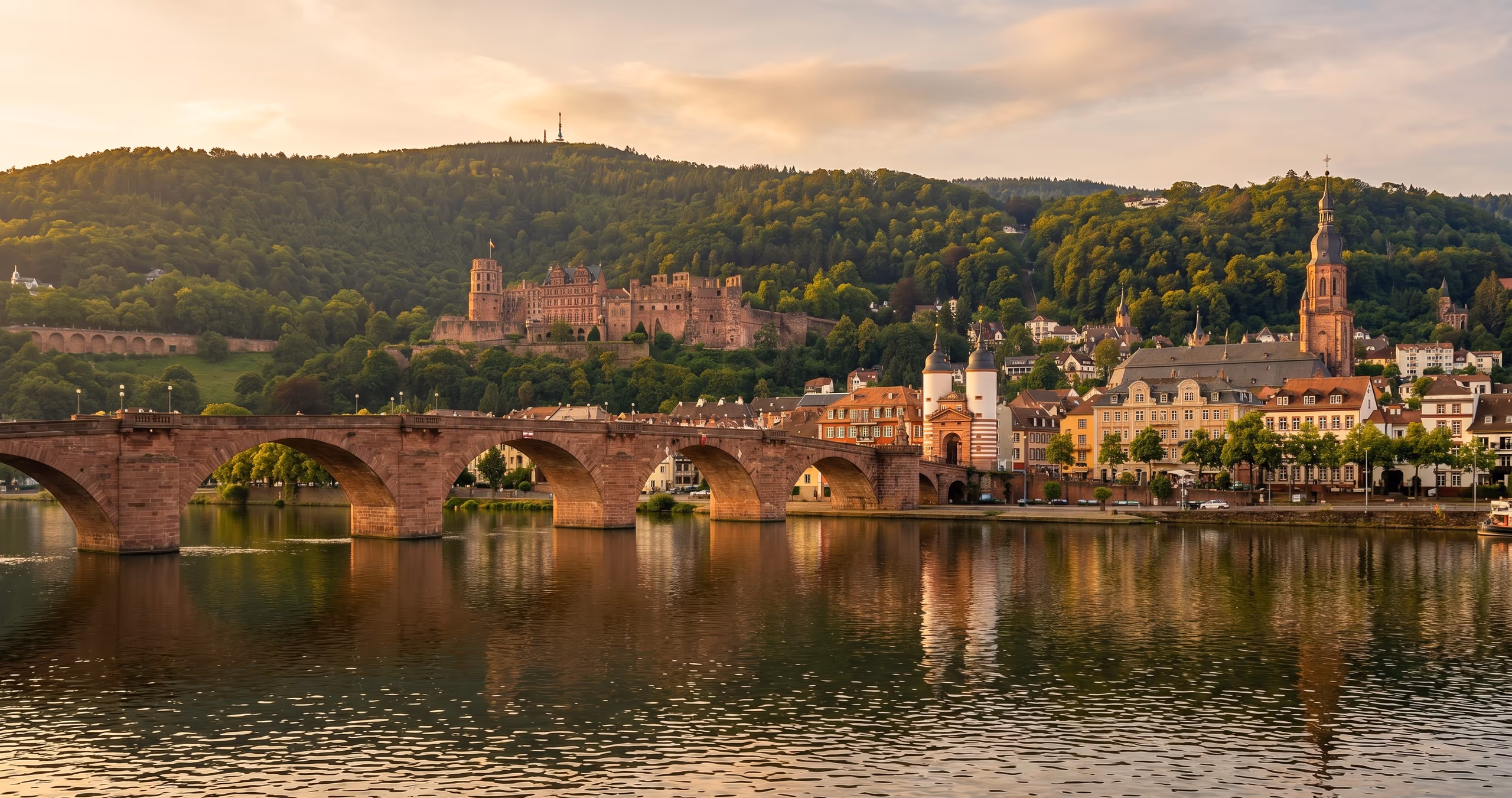 Blick auf die Heidelberger Altstadt mit Alter Brücke, Neckar und Schloss